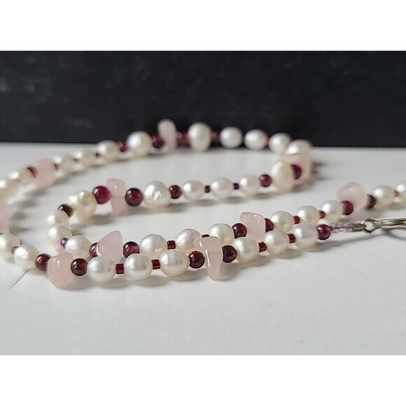 925 Sterling Silver Rose Quartz Garnet & Pearl Beaded Necklace Vintage - Picture 5 of 10